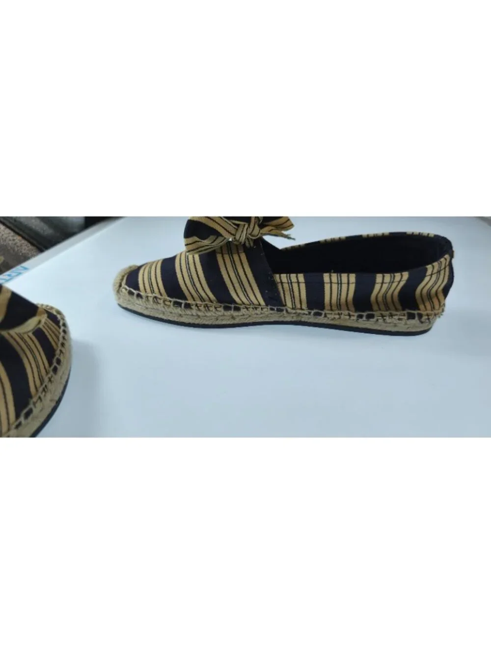 Tory Burch Canvas Lace Up Flat Espadrille Navy Latte Stripe Jute Womens Size 6